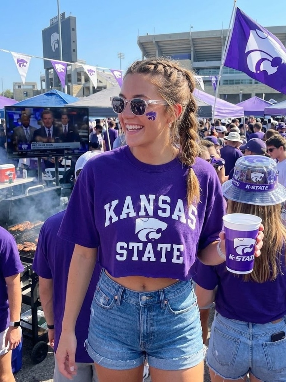 Custom Cropped Kansas State Russell Athletic Purple T-Shirt, Size Large K-state